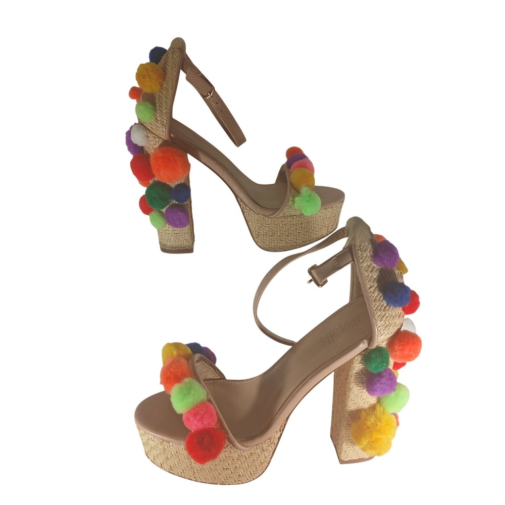 Charlotte Russe Pansy Platform Sandal 7 Tan Multi Pom Pom Festival Boho Heel